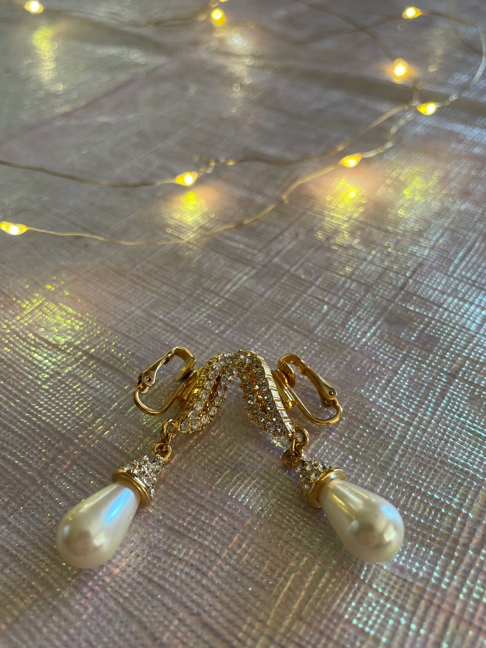 Vintage Gold tone Clip On Pearl drop Earrings with Crystal Accents